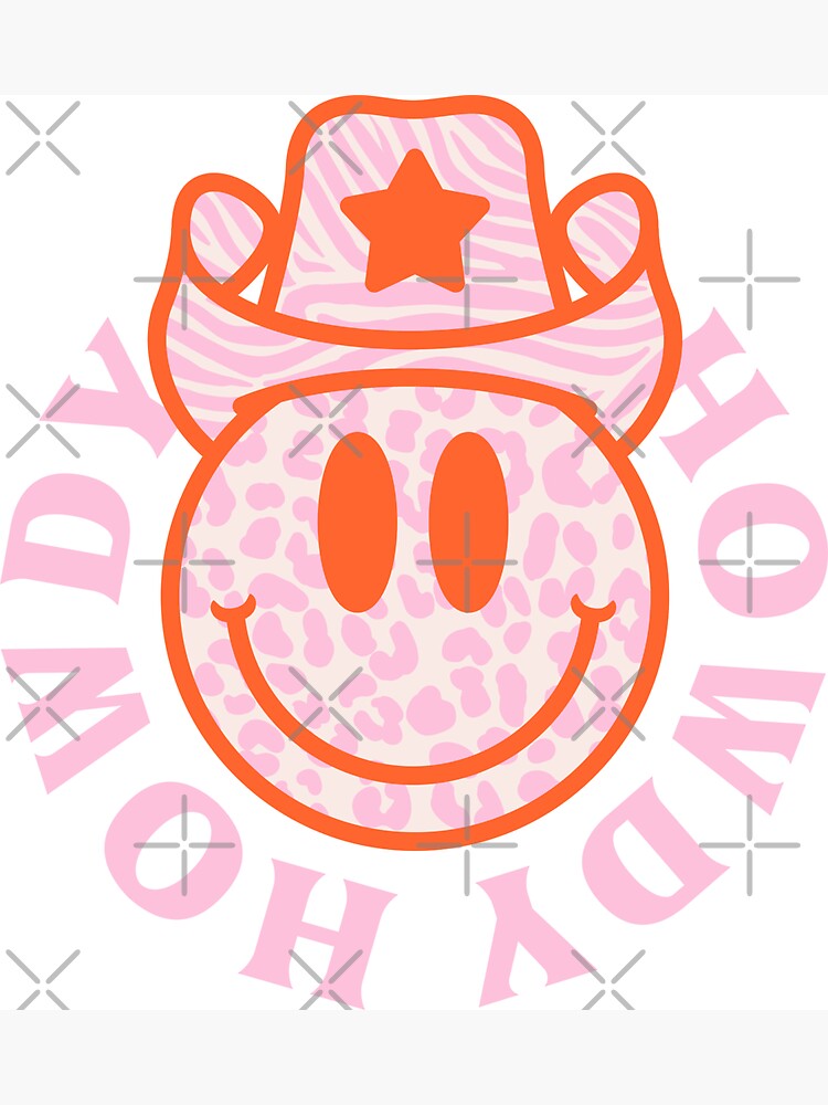 Howdy yall preppy aesthetic smiley face with leopard texture zebra cowboy hat pastel pink red orange white background magnet for sale by pearrot