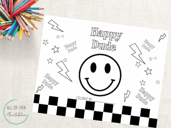 One happy dude coloring sheet digital smiley face x coloring page kids entertainment birthday game party favor