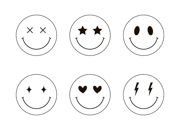 Premium vector set smiley faces with stars hearts lightning cross