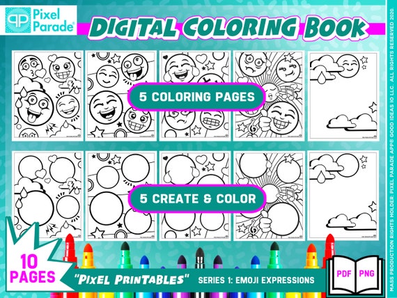 Coloring pages for kids emoji pop art themed diy coloring color create pdf png creative printable files by pixel parade app