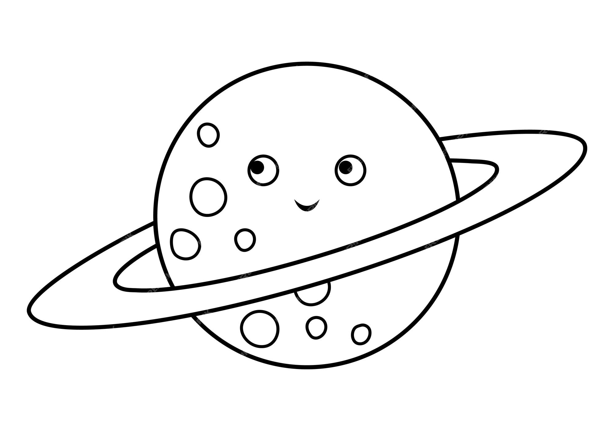 Premium vector vector black and white planet illustration for children outline smiling star icon isolated on white background space coloring page for kids