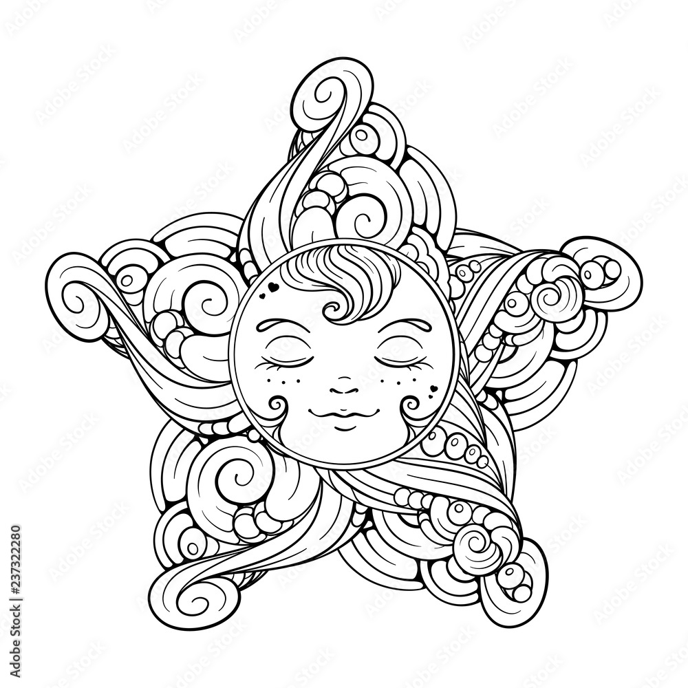 Black and white ornamental cute smiling star antistress coloring page vector