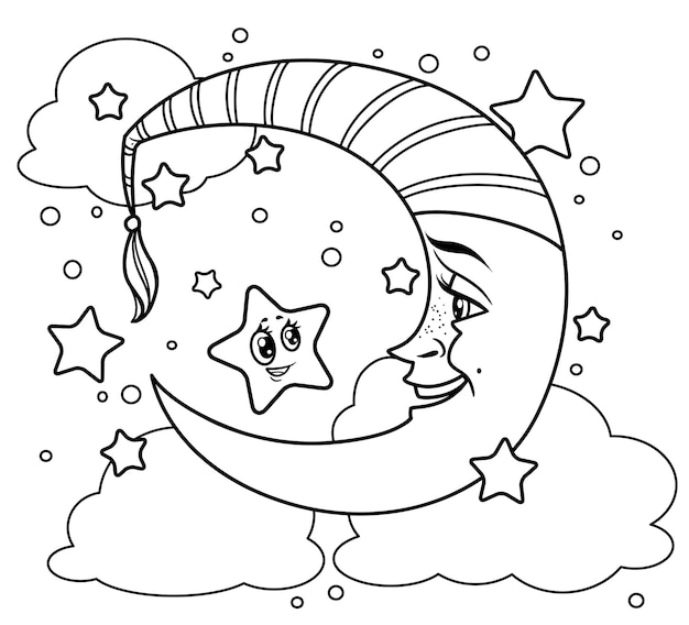 Premium vector cute cartoon smiling moon speaks to a star outlined for coloring on white background