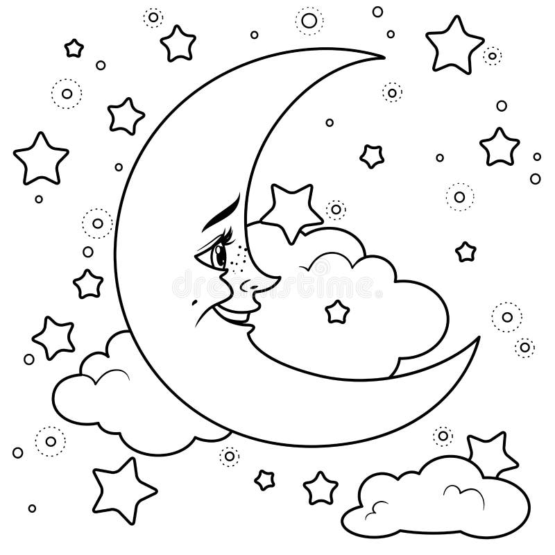 Cartoon smiling moon with clouds outlined for coloring on a white stock vector