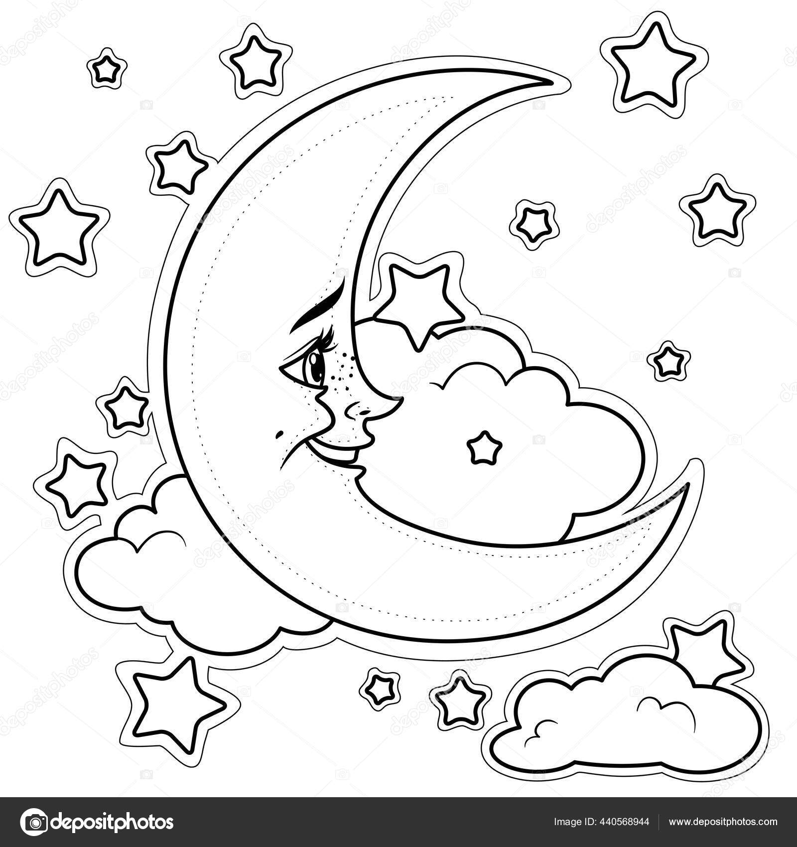 Cute cartoon smiling moon clouds outlined coloring white background stock vector by yadviga