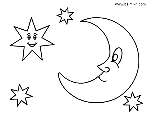 Smiling star stars and moon colouring pages
