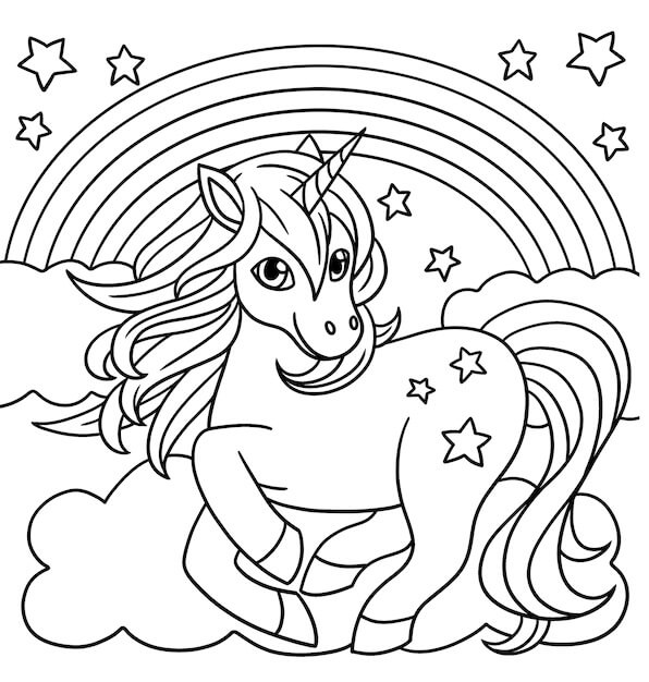 Smiling unicorn with rainbow and stars coloring page