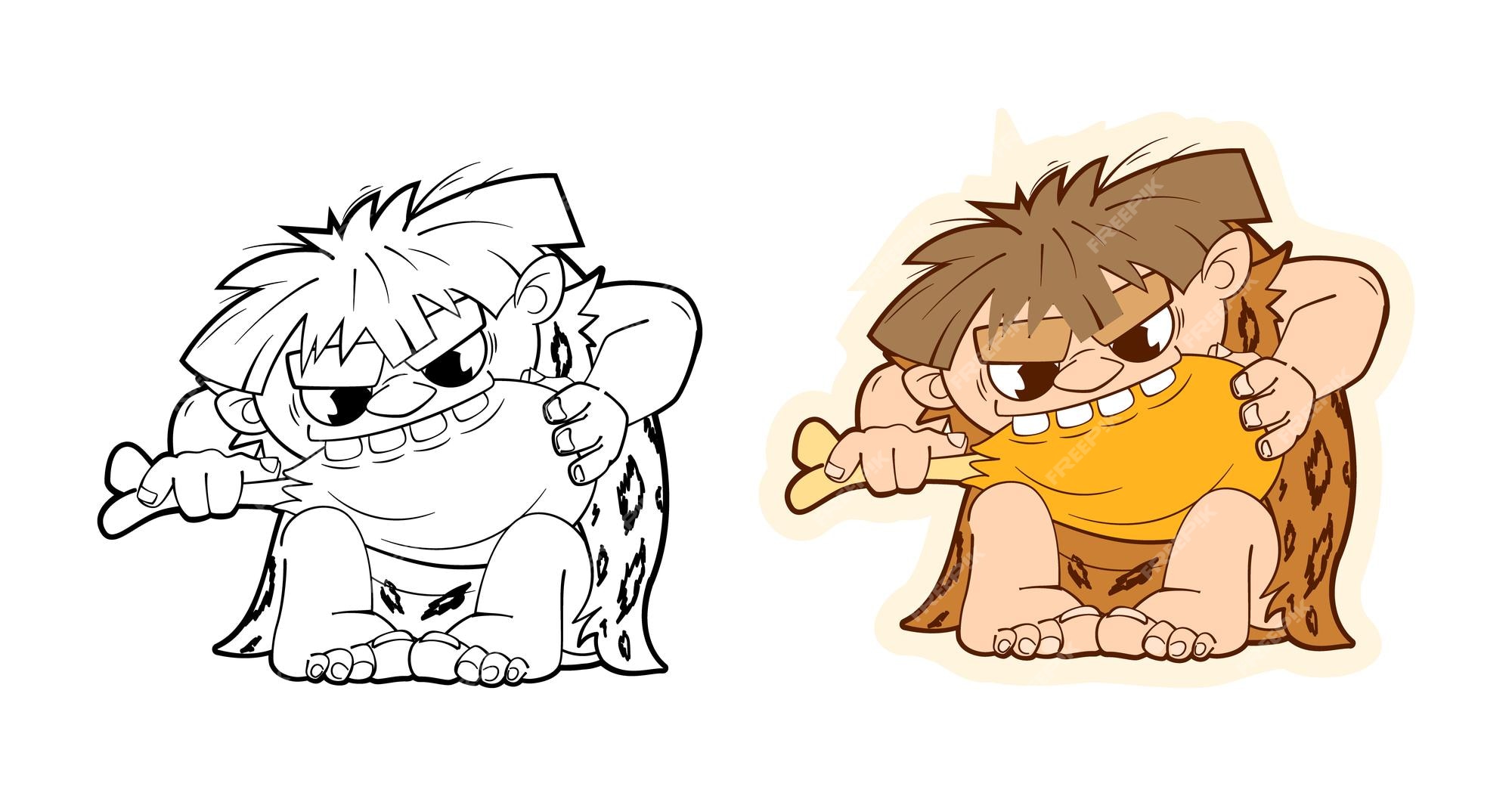 Premium vector coloring book stickers of prehistoric primitive mandynamic character figure in cartoon stylevector