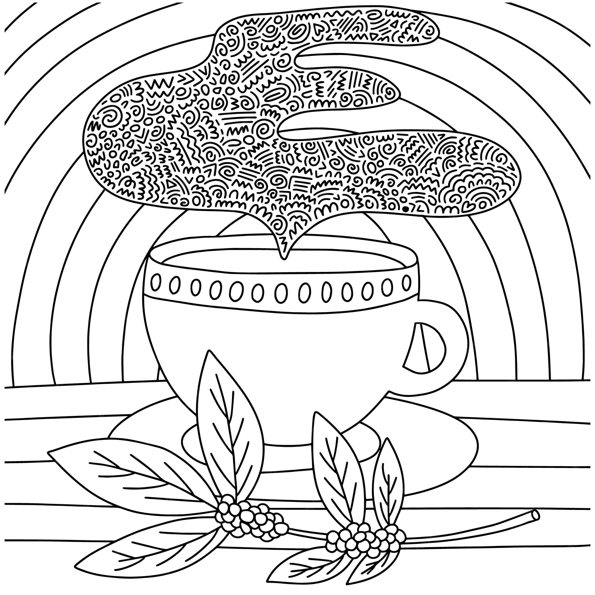 Premium vector coloring page with cup of coffee and smoke coffee plant and doodle smoke coloring page