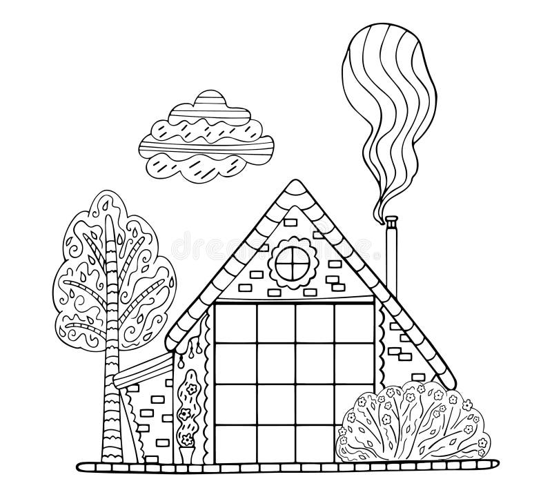 Black and white childrens page and coloring book from a small village house with smoke from a chimney a growing tree flower and stock vector