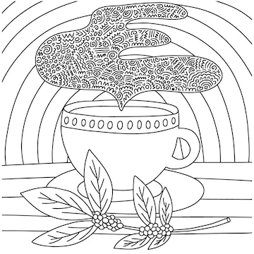 Premium vector coloring page with cup of coffee and smoke coffee plant and doodle smoke coloring page vector illustration