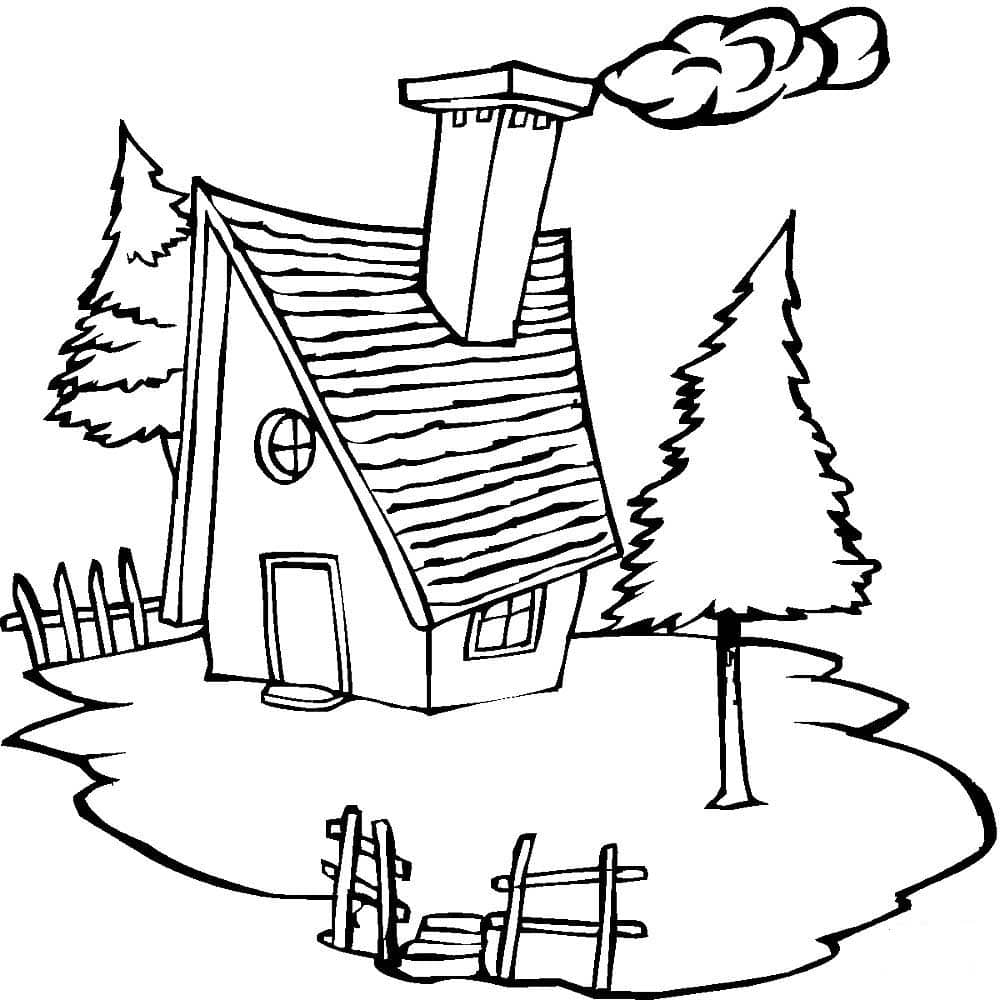 Country house with a chimney rising smoke coloring page