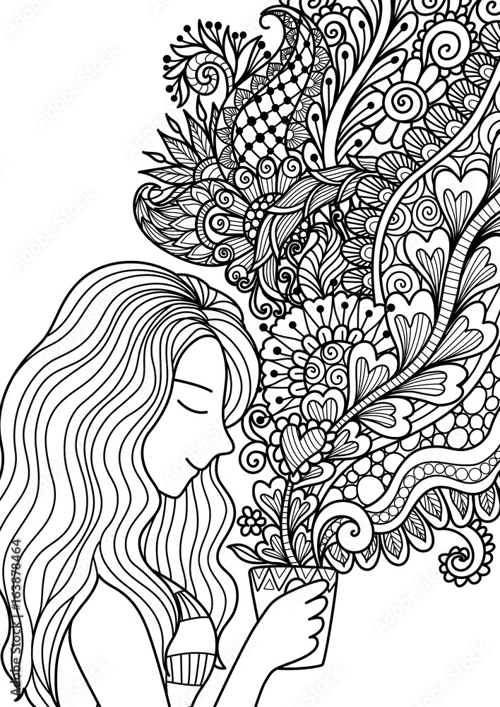 Pretty girl smell the floral coffee smoke for design element and adult or kids coloring book pages vector illustration photo