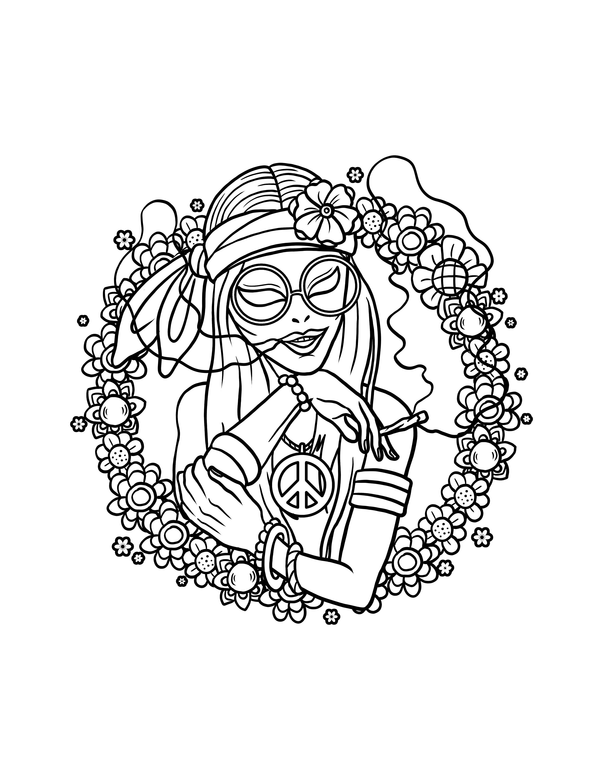 Printable hippie girl alien smoking weed trippy hippie coloring page digital download trippy stoner book