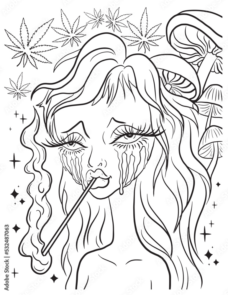 Beautiful girl smoking cigarette coloring page vector coloring for adults