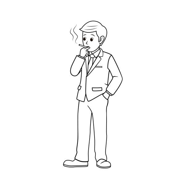 Black and white vector illustration of kids activity coloring book page with pictures of men doing by smoking
