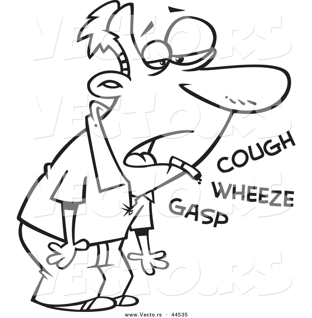 R of a sick cartoon man smoking coughing wheezing and gasping