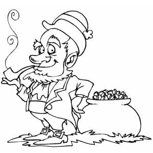 Smoking leprechaun with gold coloring page