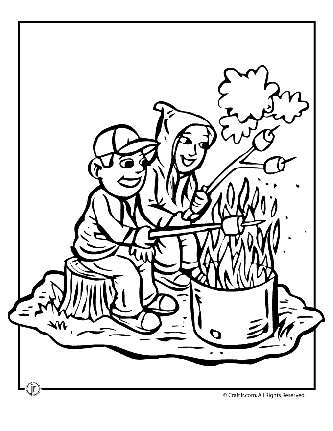 Toasting marshmallows camping coloring page