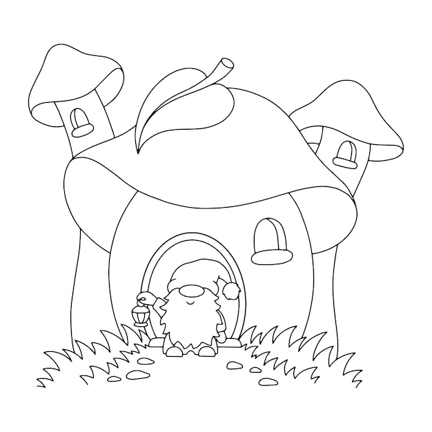 Premium vector coloring book page for kids mushroom house and garden gnome
