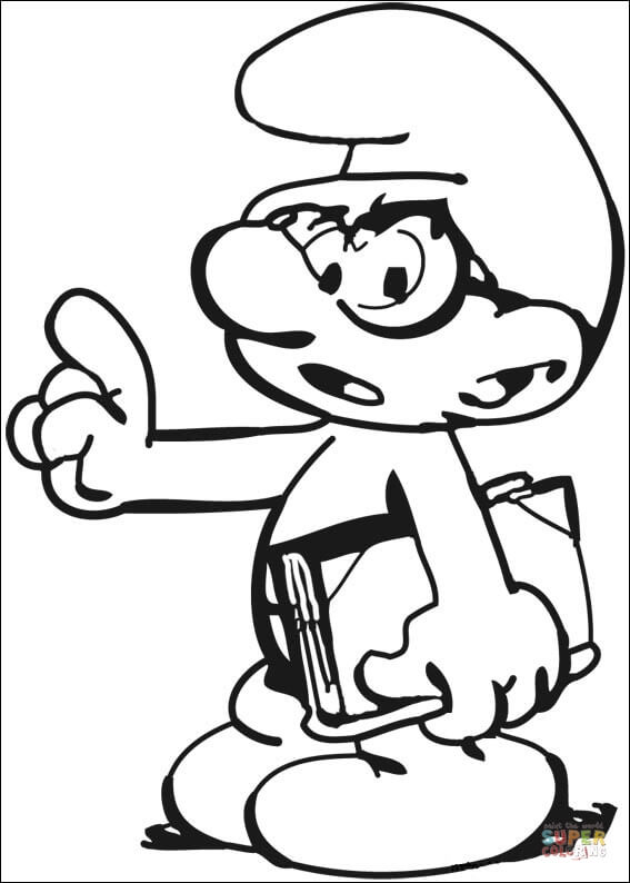 Brainy smurf with a book coloring page free printable coloring pages