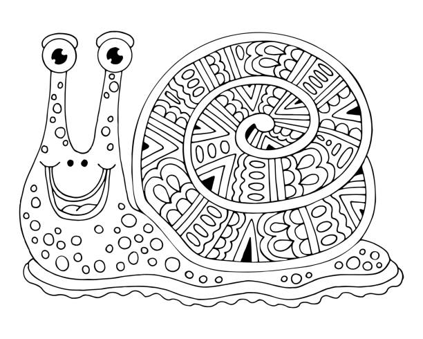 Coloring page funny snail slug with a spiral house shell hand drawn vector thin line art illustration coloring book for children and adults stock illustration