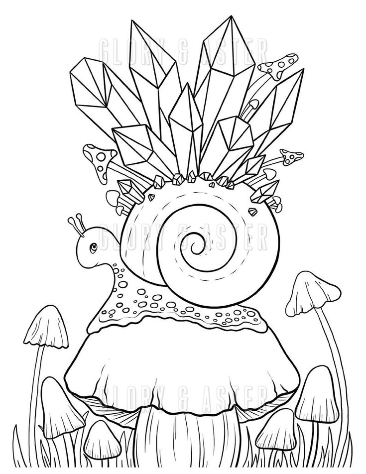 Mushroom coloring page printable adult coloring page instant download pdf snail crystals fantasy magical cute nature