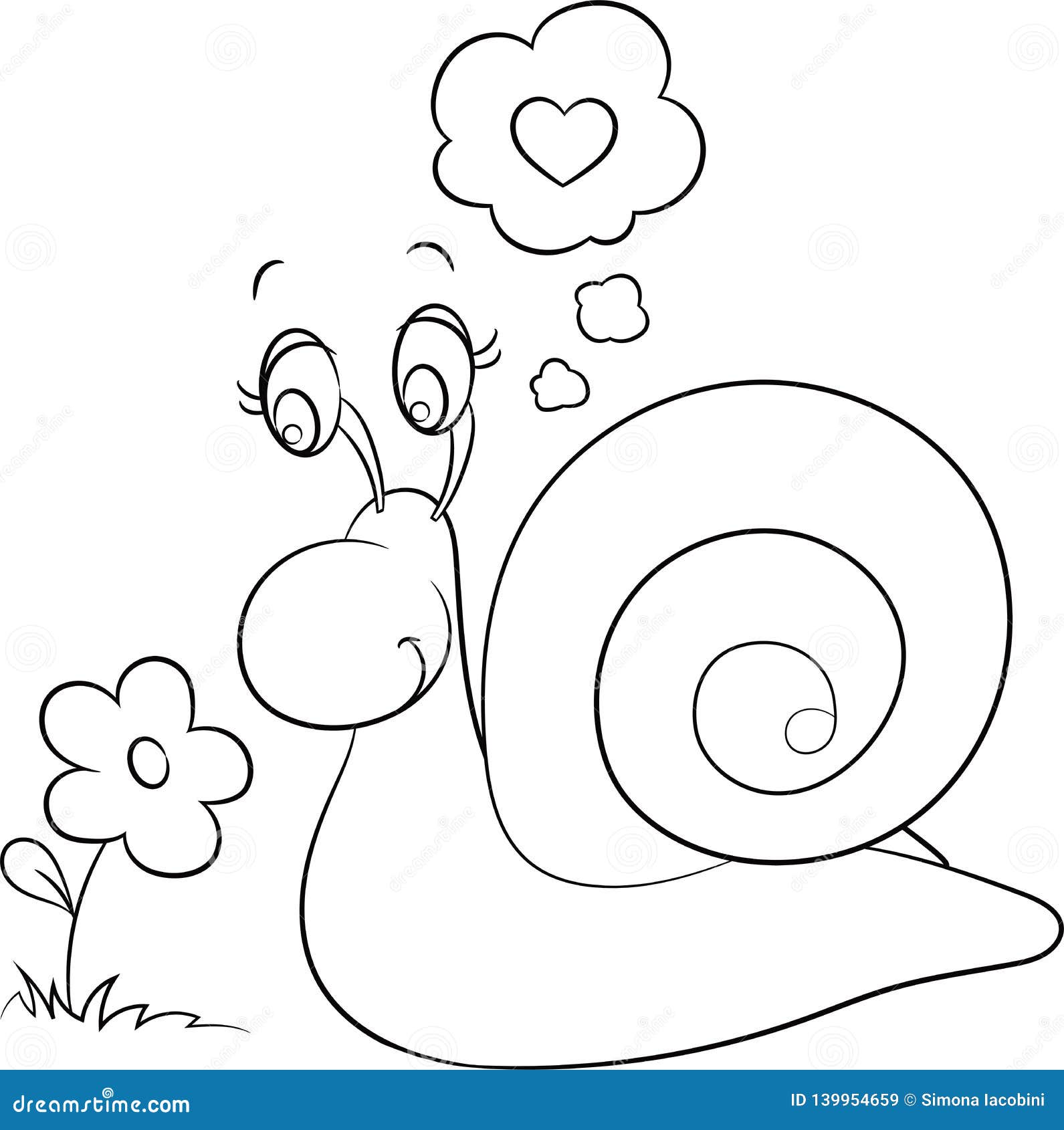 Black and white contour kawaii drawing of a little snail looking at a flowerfor childrens coloring book or valentines day card stock vector