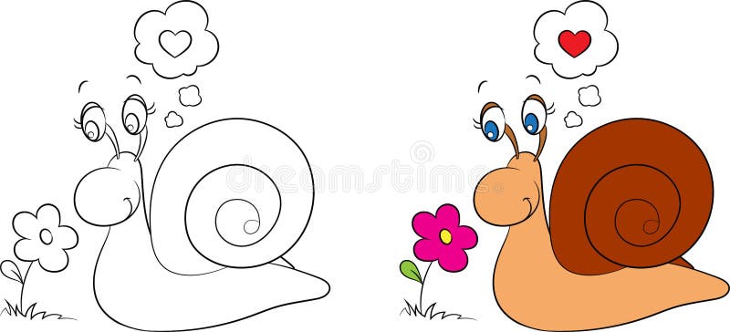 Before and after kawaii drawing of a little snail looking at a flower for childrens coloring book or valentines day card stock vector