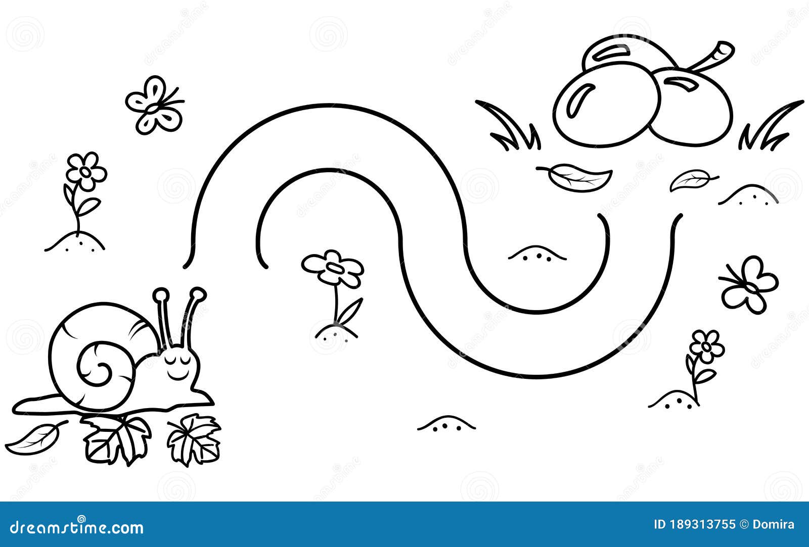 Black coloring pages with maze cartoon snail and grapes kids education art game template design with mollusk vector stock vector