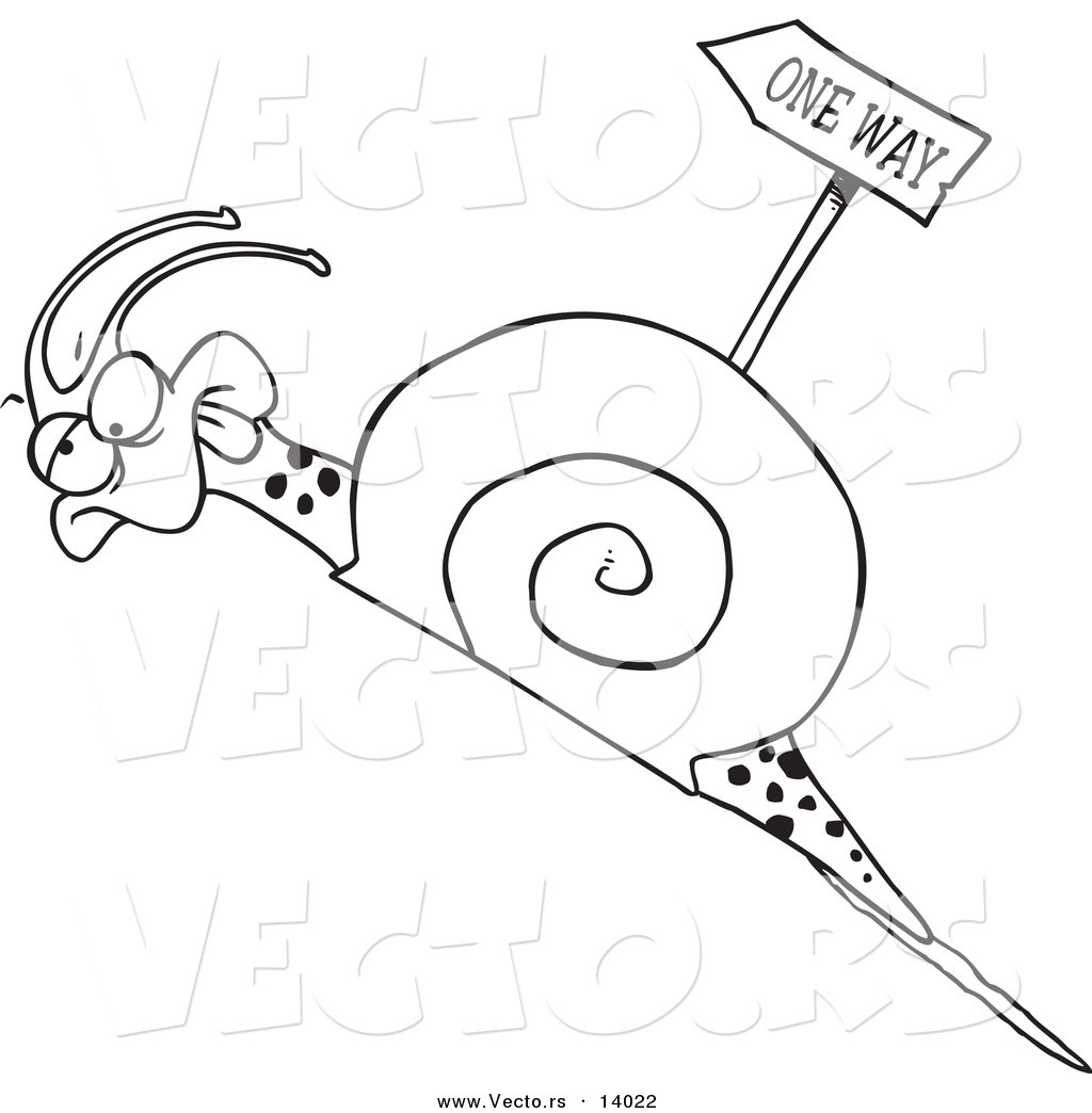 R of a cartoon tired snail going uphill near a one way sign