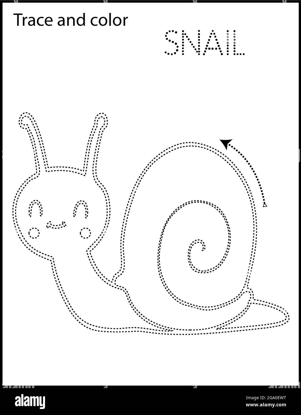 Printable coloring page for kindergarten and preschool tracing animal and names stock photo