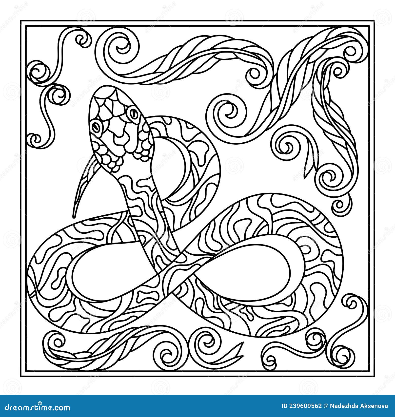 Hand drawn snake coloring page animalistic illustration vector monochrome lineart stock vector
