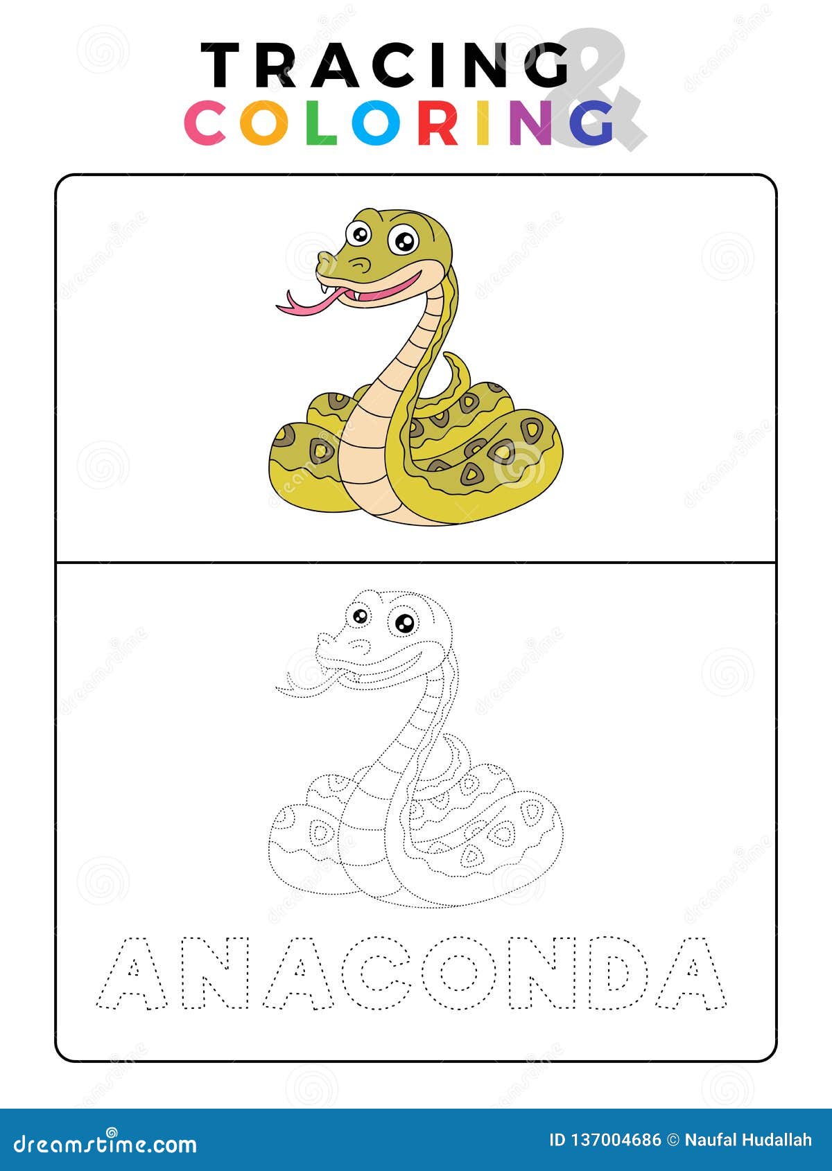 Funny anaconda snake animal tracing and coloring book with example preschool worksheet for practicing fine motor and color stock illustration