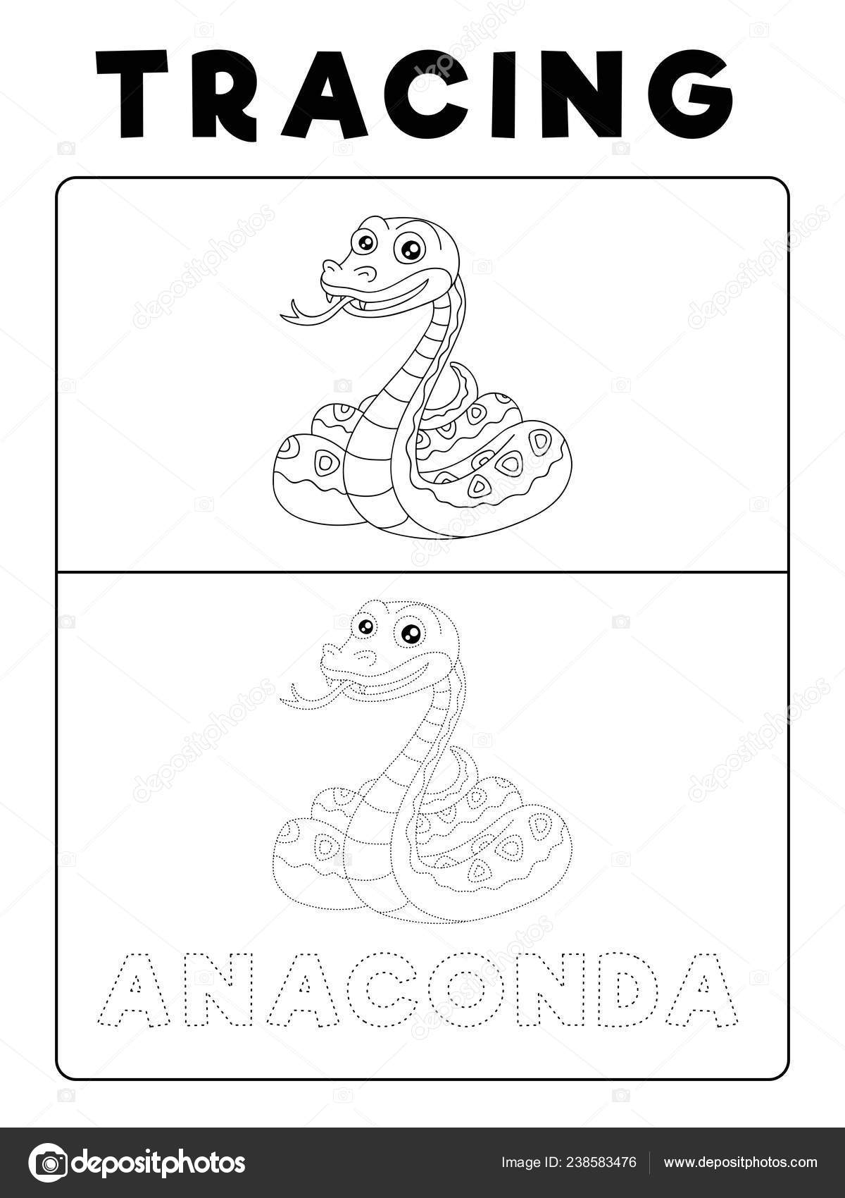 Funny anaconda snake animal tracing book example preschool worksheet practicing stock vector by mnaufal