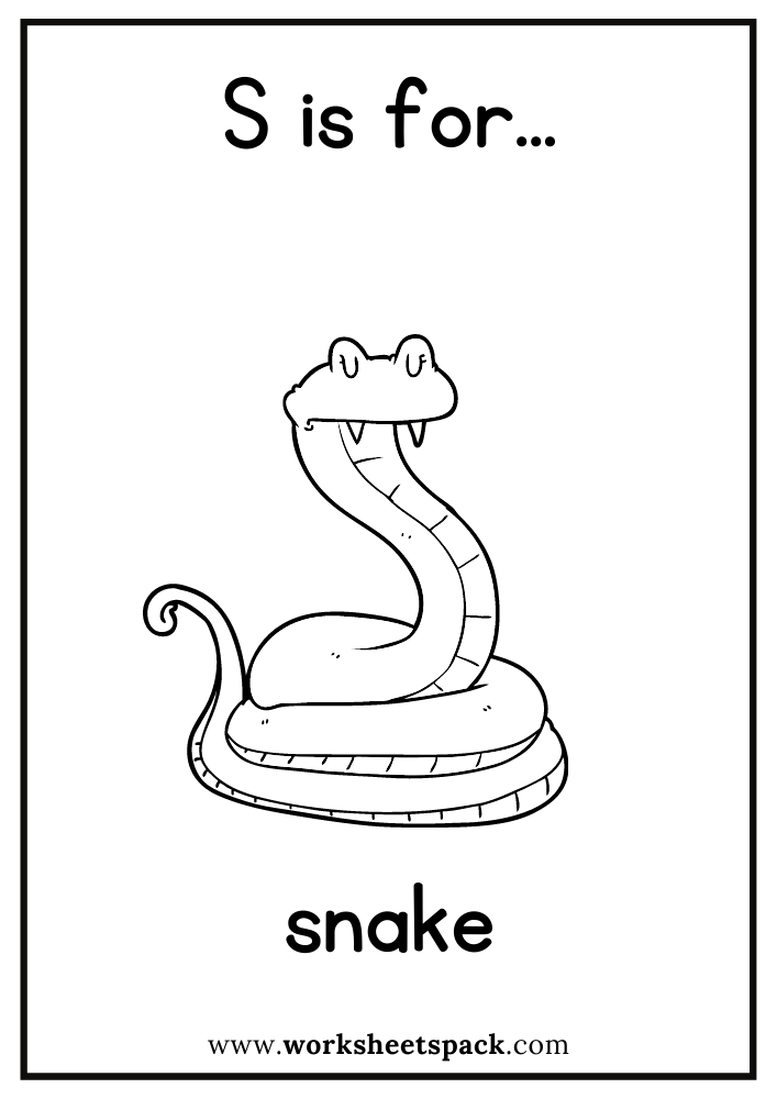 S is for snake coloring page free snake flashcard for kindergarten