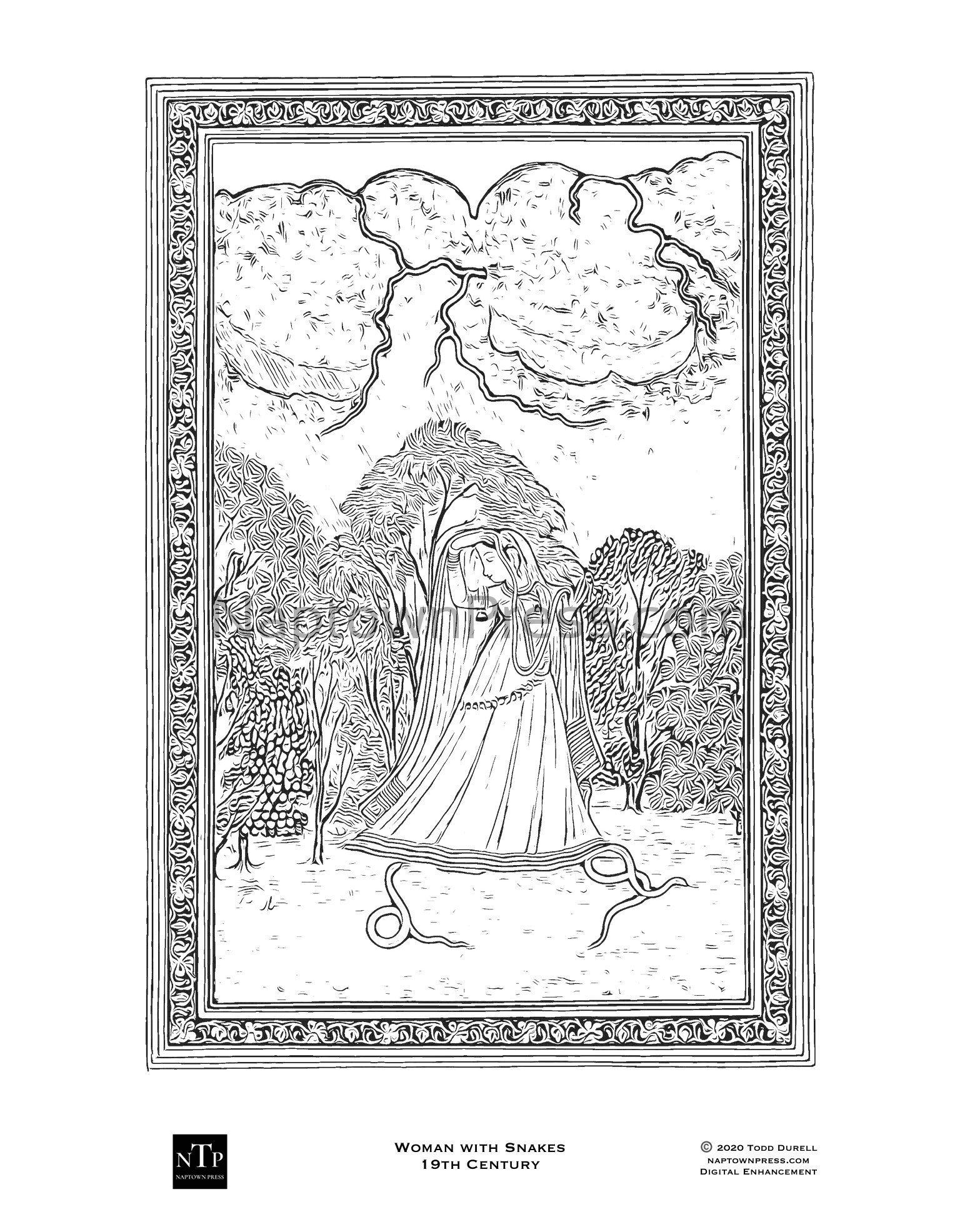 Printable coloring page vintage india woman with snakes â naptown press