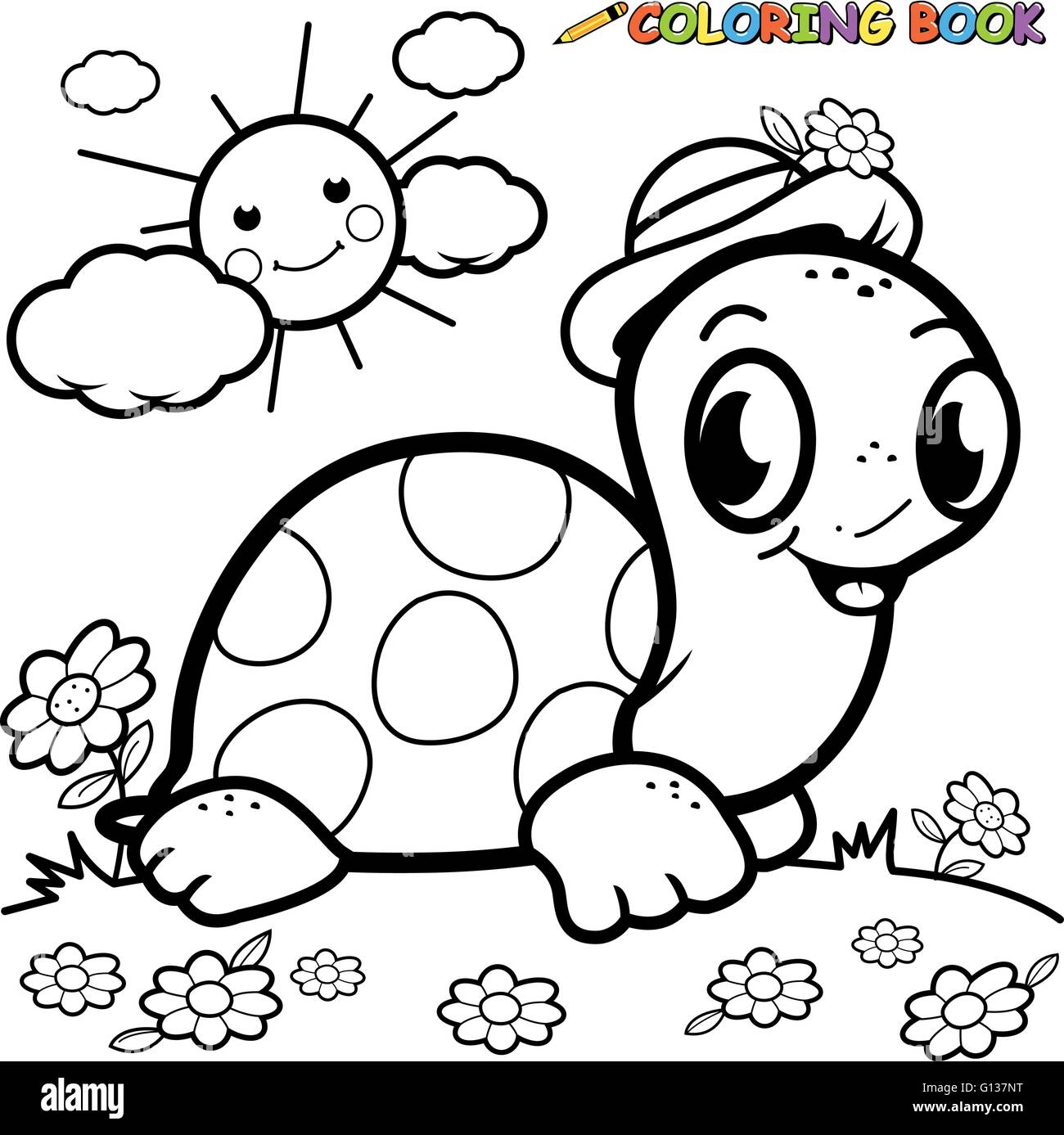 Black and white outline image of a turtle in the grass coloring book page stock vector image art