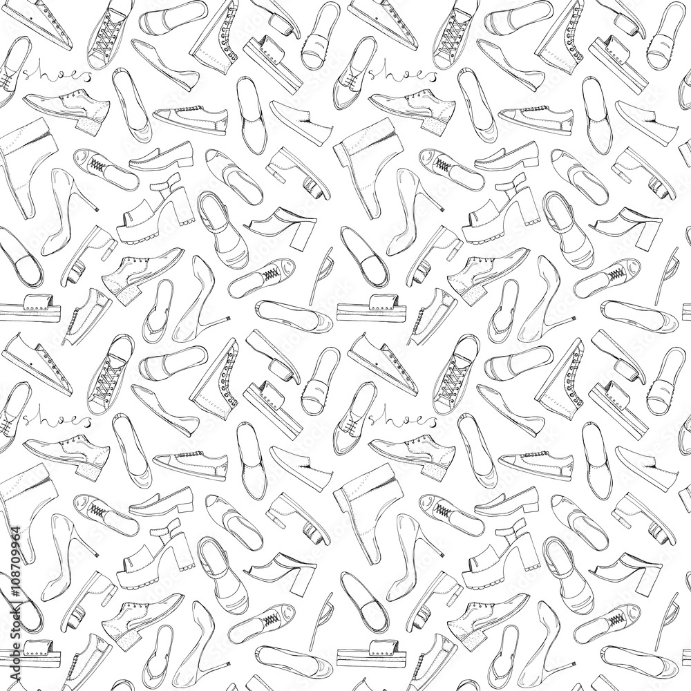 Hand drawn sketch seamless pattern of shoes