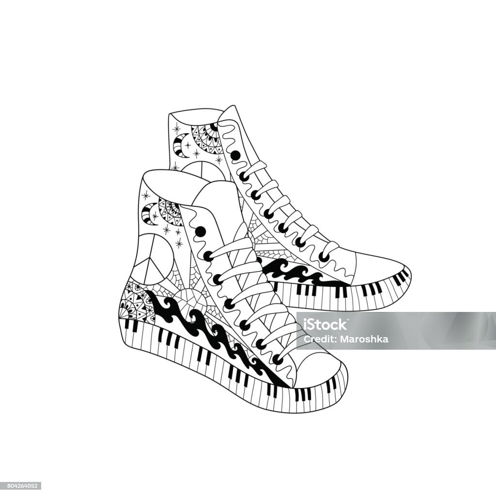 Hippie hight sneakers in ornamental style coloring book page for adult anti stress stock illustration