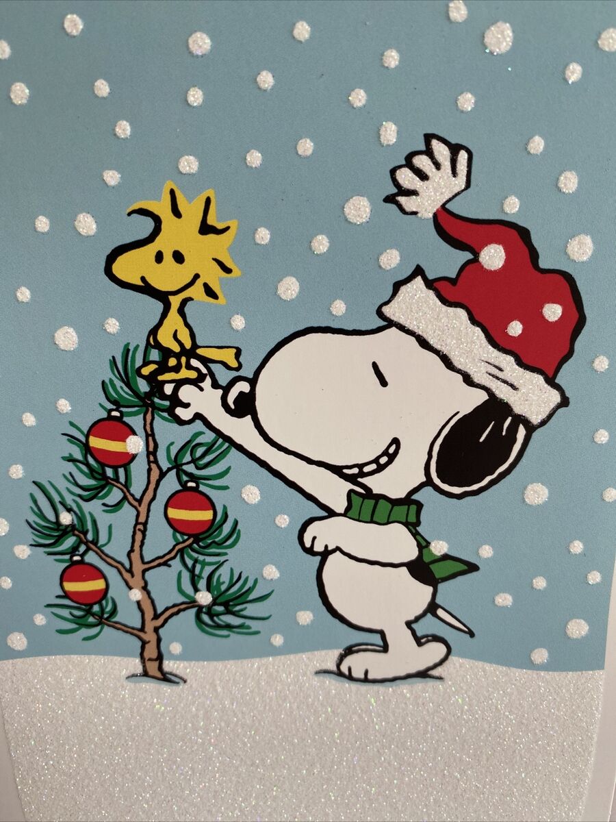 Snoopy woodstock smiling christmas tree glittered snow card hallmark new