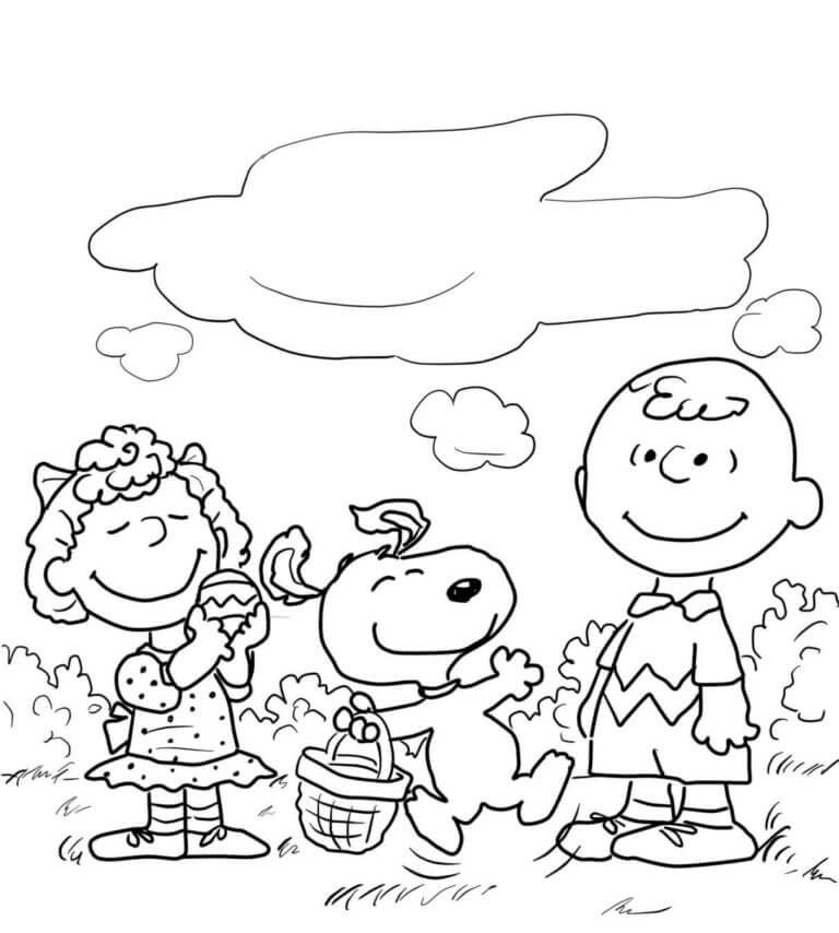Charlie sally and snoopy with a basket coloring page