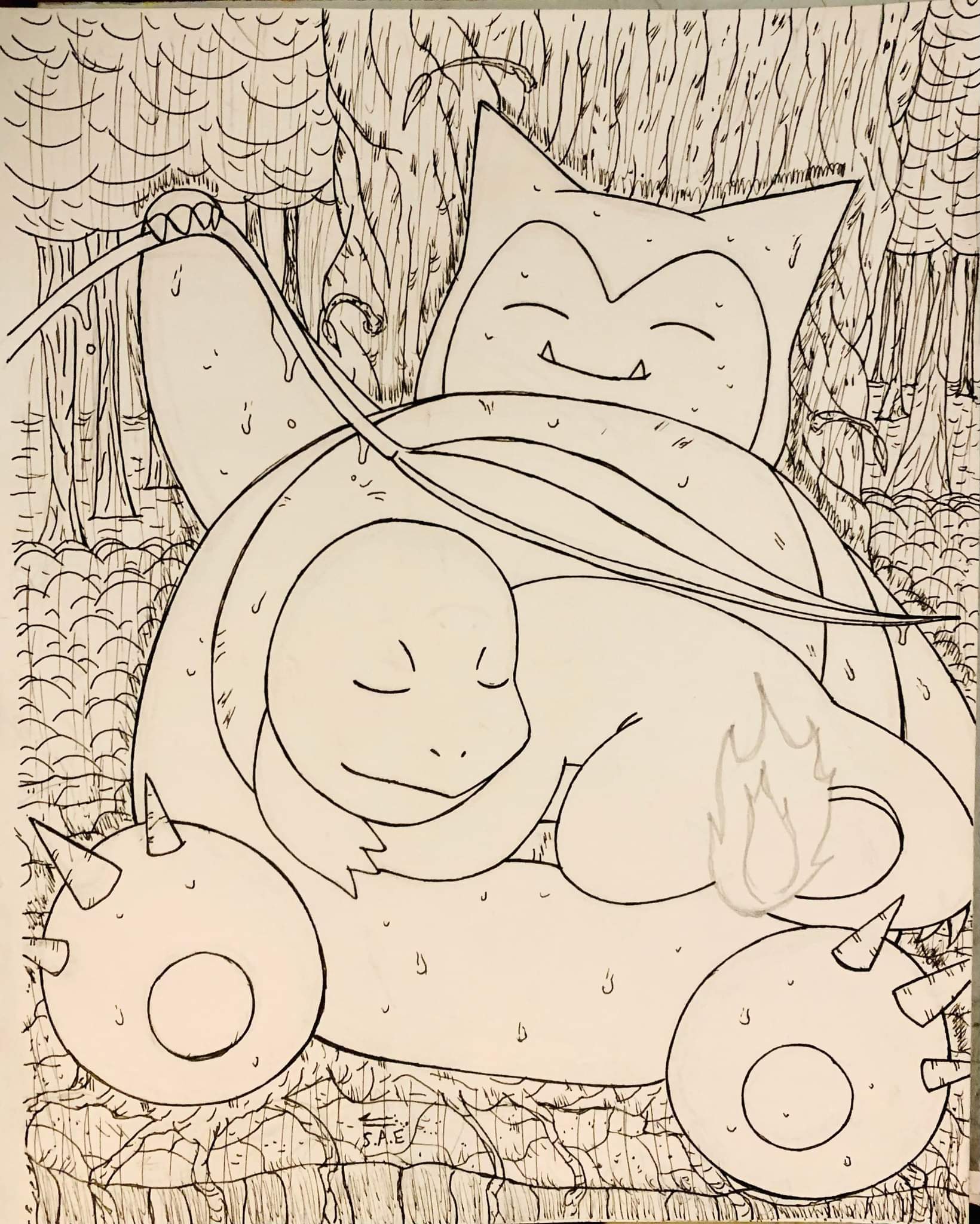 Hey everyone hows my drawing of snorlax protecting charmander rpokemonart