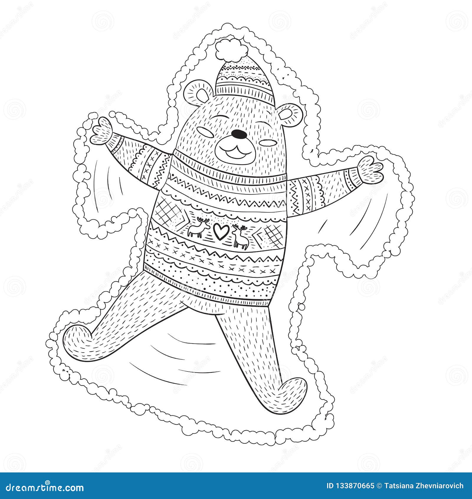 Coloring page adorable brown bear making snow angel in cute sweater with ornament vector illustration for books coloring books stock vector