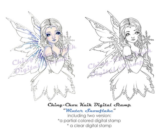 Winter snowflake instant download digital stamp coloring page fantasy snow fairy angel girl art by ching