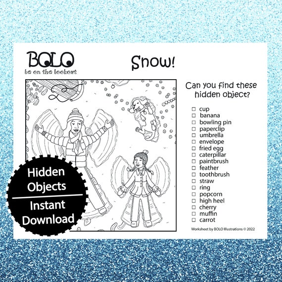 Hidden objects snow angels bolo be on the look out hide and seek pictures coloring page winter activity download now