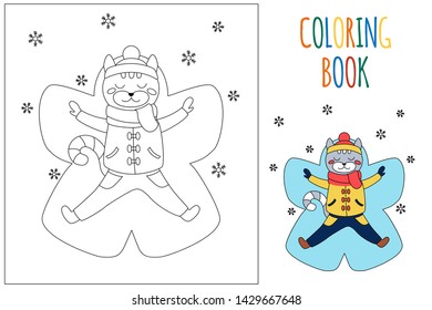 Coloring page children winter vacation cat stock vector royalty free