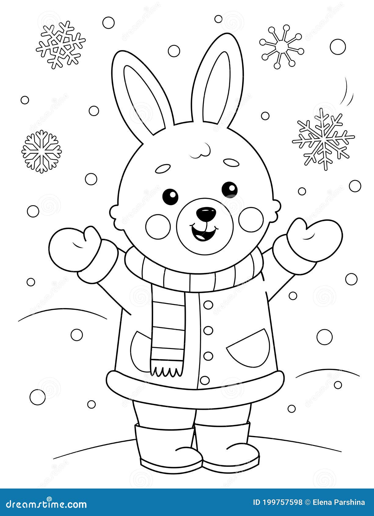 Coloring page of a cute cartoon bunny in winter clothes enjoying the snow coloring book for kids stock vector