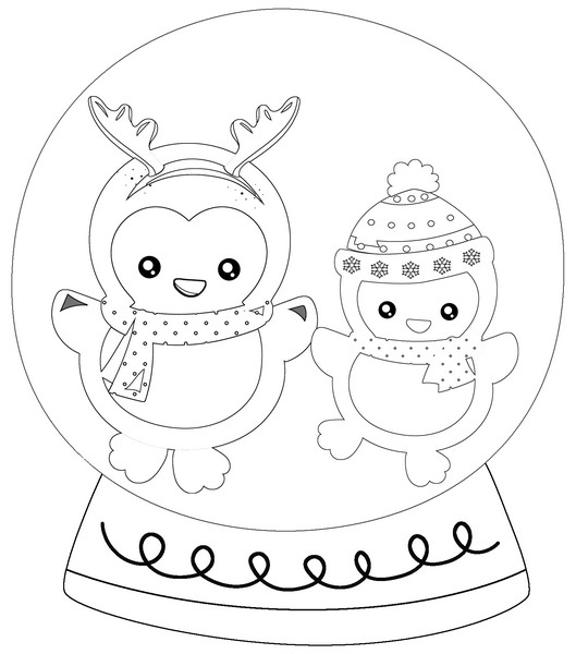 Penguins dancing in a snow globe black white line art
