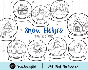Snow globes digital stamp snowman clipart snow globe christmas winter clipart doodle stamp christmas line art santa tree snowman stamp